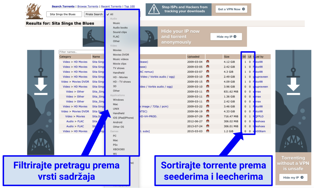Screenshot of The Pirate Bay website showing download links, seeders, and leechers for Sita Sings the Blues.