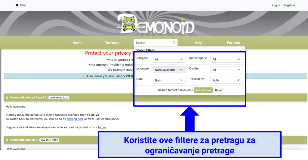 Screenshot of Demonoid showing its various filtering criteria to find your perfect torrenting file.