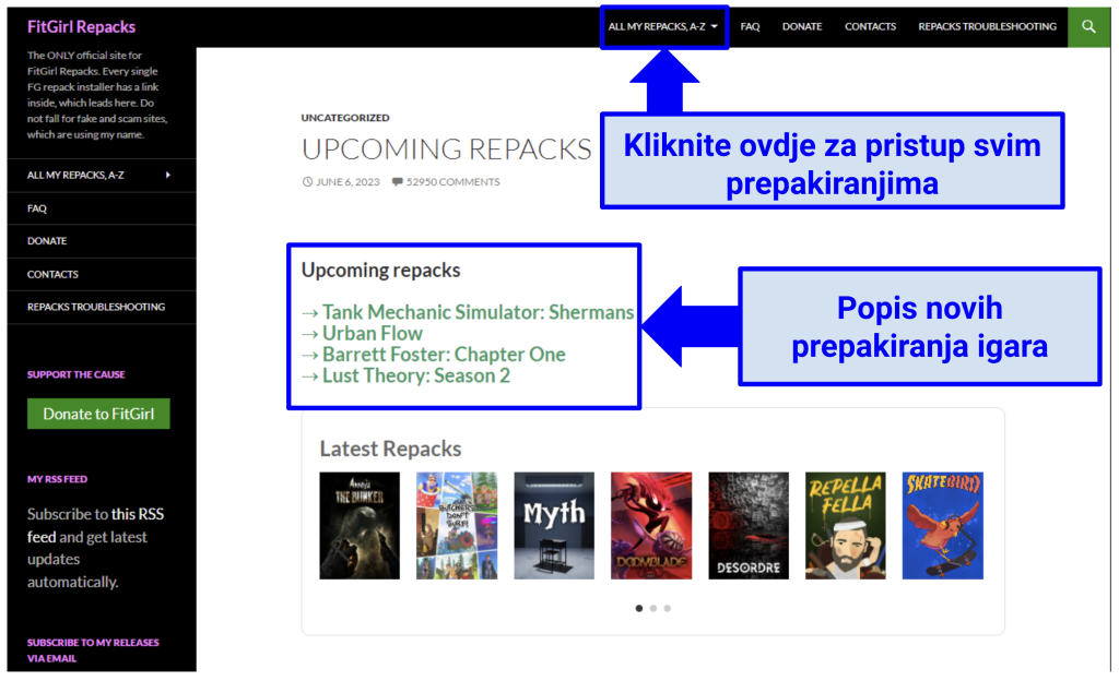 Screenshot showing FitGirl Repacks website displaying upcoming repacks.
