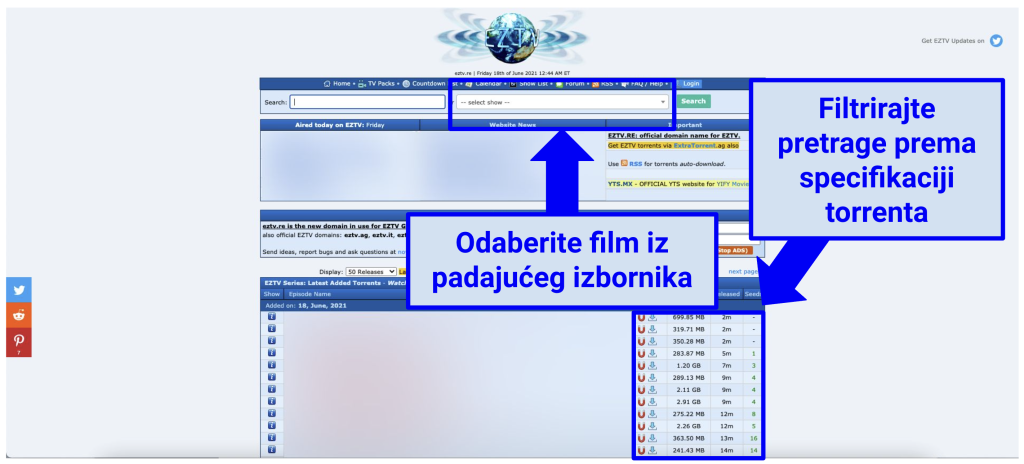 Screenshot showing how to search for TV shows on EZTV and filter the results.