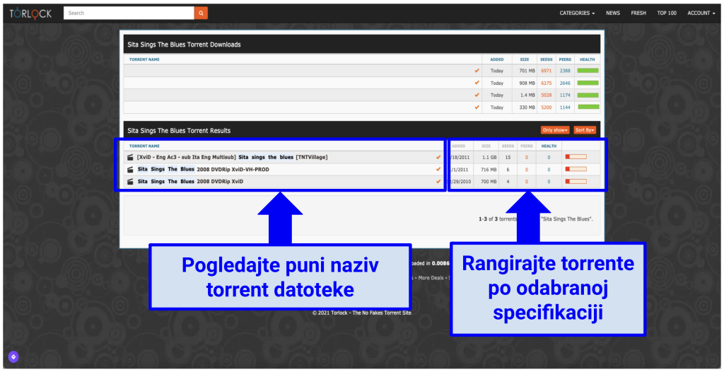 Screenshot of Torlock's interce showing torrenting files and their ranking.