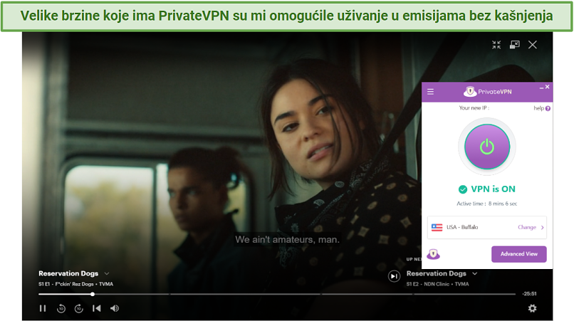 screenshot showing Reservation Dogs streaming on Hulu with PrivateVPN connected