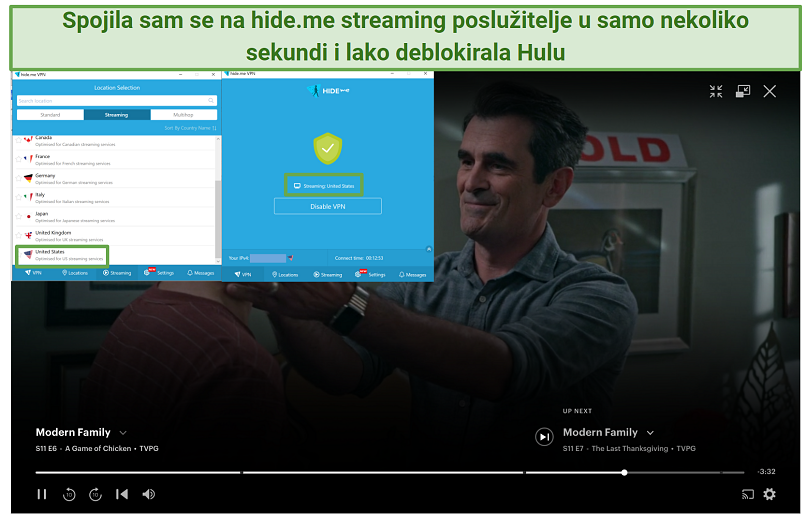 Screenshot of Hideme streaming servers unblocking Hulu