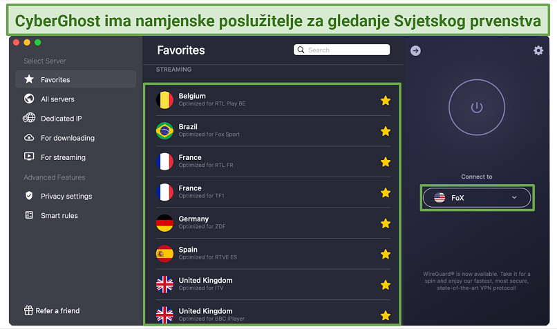 A screenshot of CyberGhost's streaming optimized servers for platforms airing the FIFA World Cup live