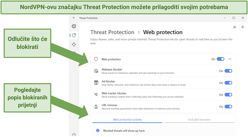 Screenshot of the NordVPN app showing its Threat Protection feature and its customization options