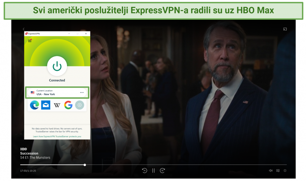 Screenshot of ExpressVPN US servers working to unblock HBO Max