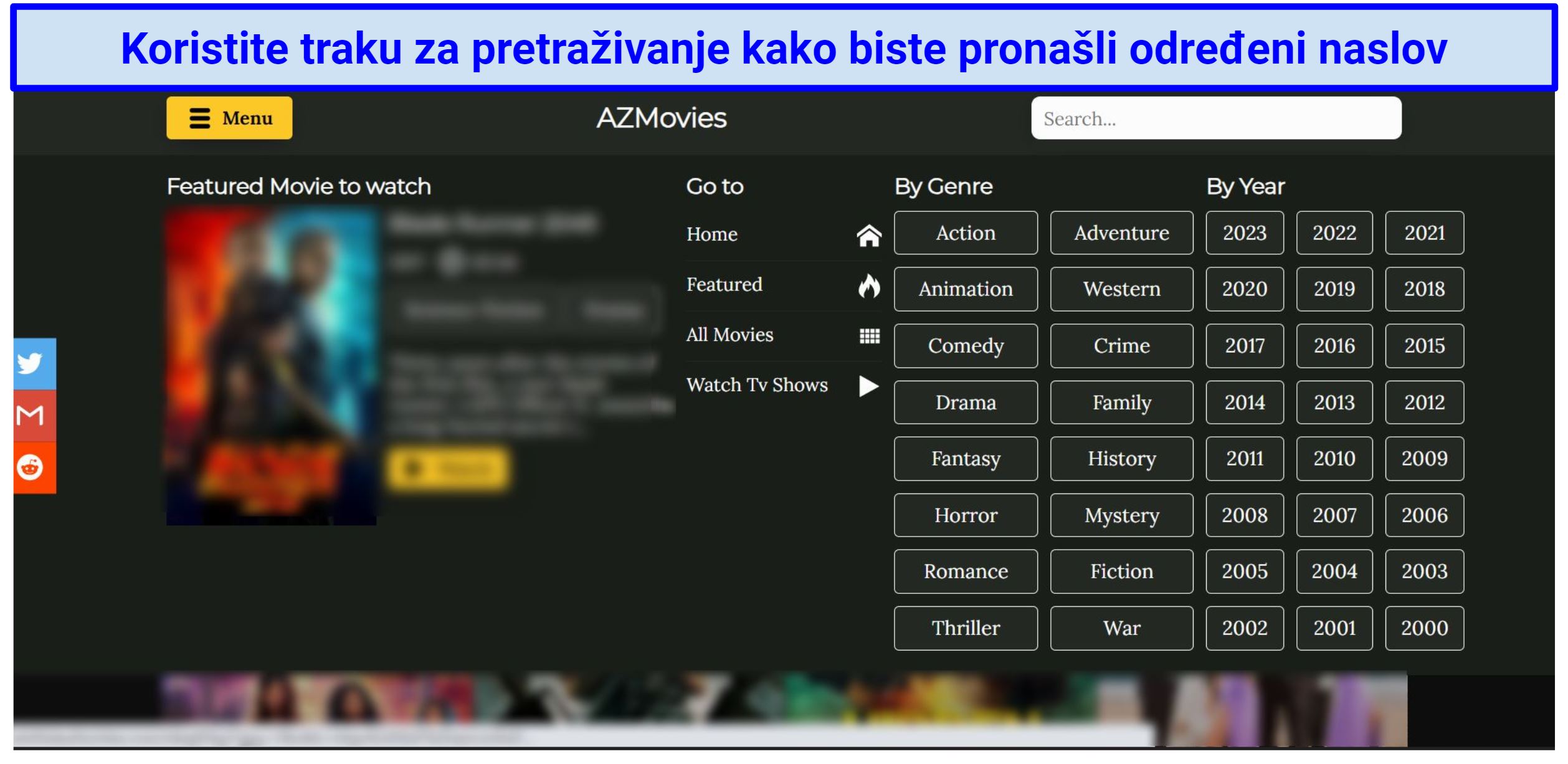 A screenshot of AZMovies's interface showing its clutter-free division by genre and by year