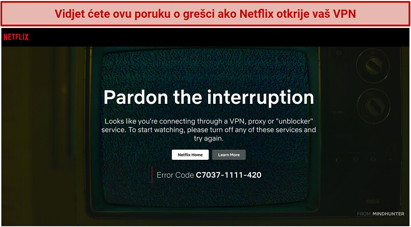 Screenshot of Netflix's VPN, proxy or unblocker error message C7037-1111-420