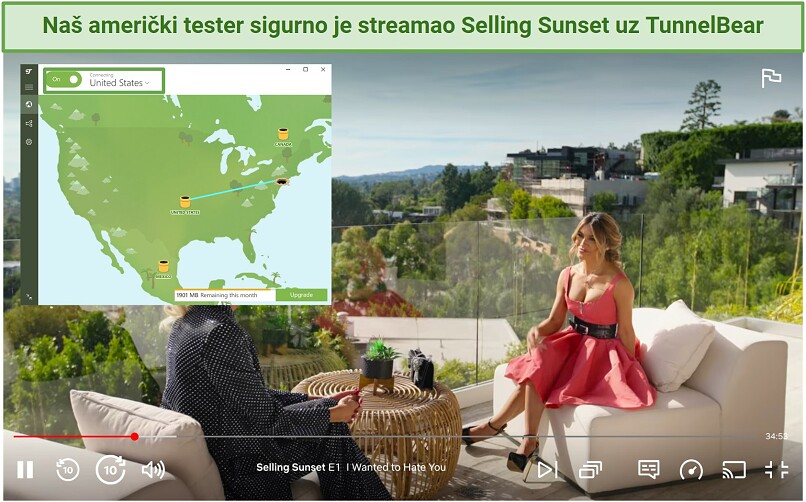 Screenshot of Netflix streaming Selling Sunset with TunnelBear active