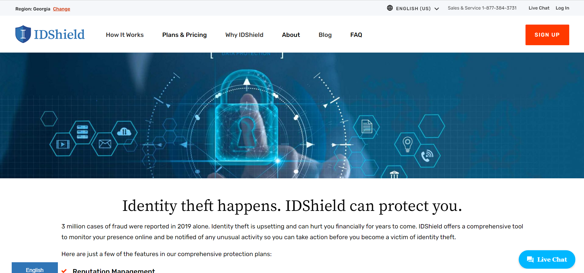 A screenshot of the IDShield website homepage.
