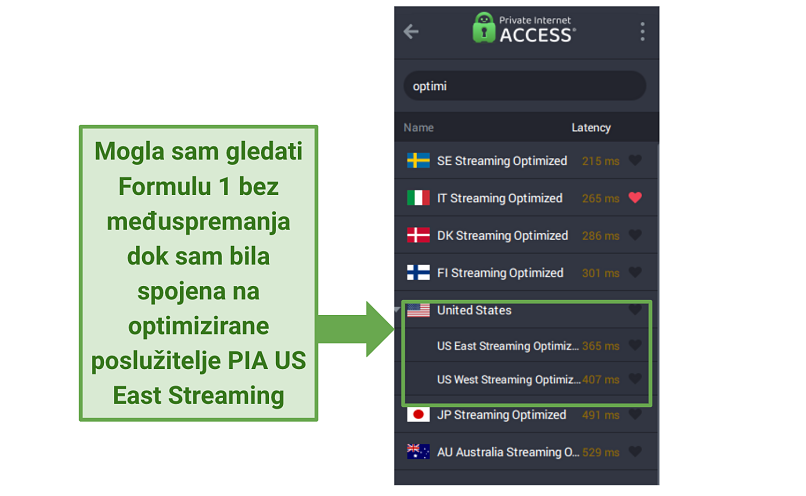 Screenshot of PIA app displaying servers optimized for smooth streaming.