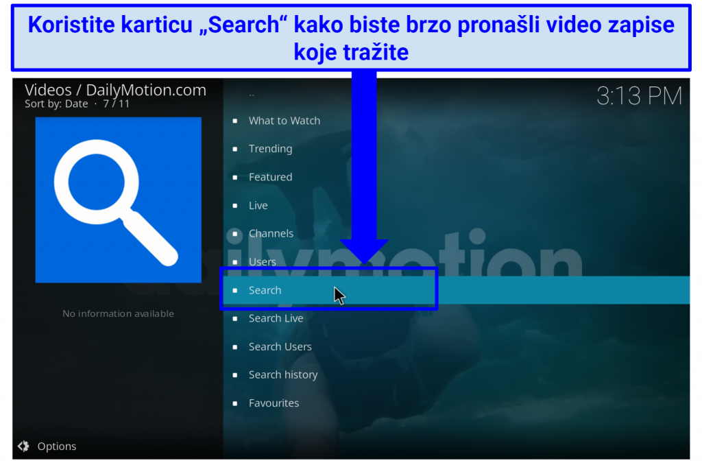 A screenshot showing the Dailymotion Kodi addon's search tab that lets you find videos quickly