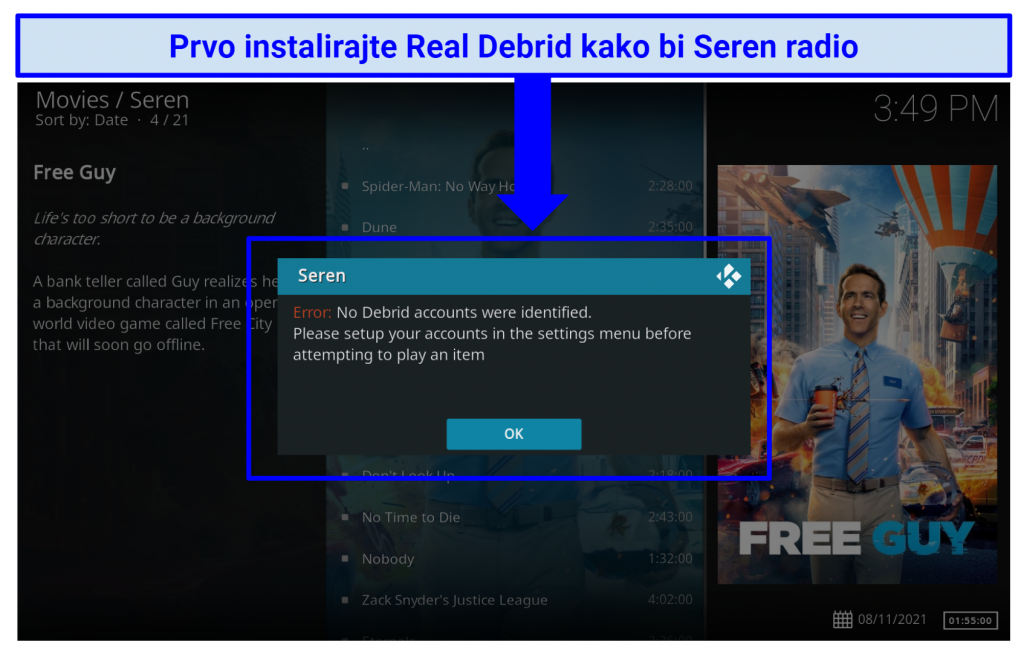 A screenshot showing Seren requires Real Debrid to work.
