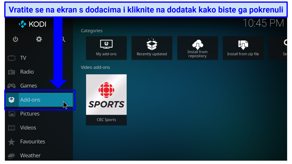 A screenshot showing where to find a Kodi add-on once you install it