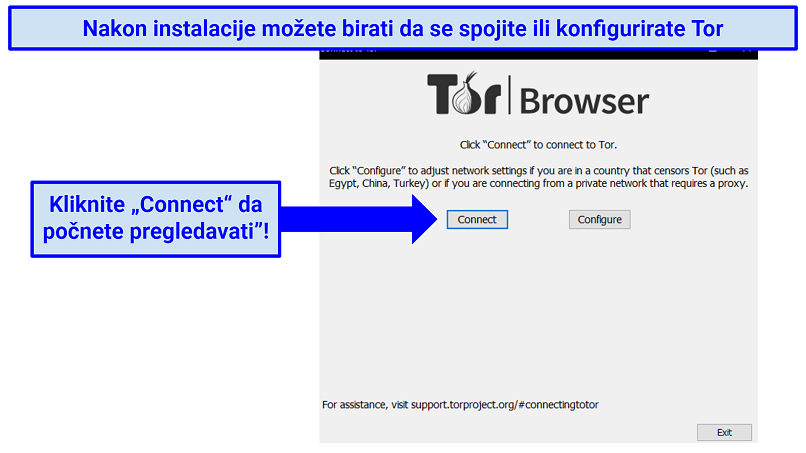 Screenshot of the Tor browser already installed, prompting the user to either connect or configure as the next step