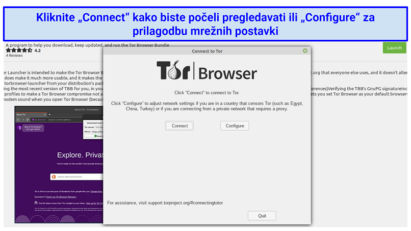 Tor on Linux, prompting the user to either connect to begin browsing or configure the app's network settings