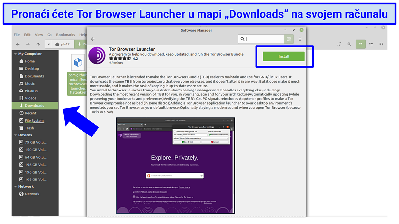 Screenshot showing how to locate the Tor Browser Launcher within Linux under 