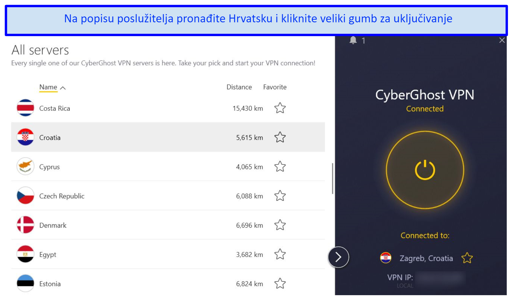 A snapshot showing how to find the Croatian server from CyberGhost's list of servers