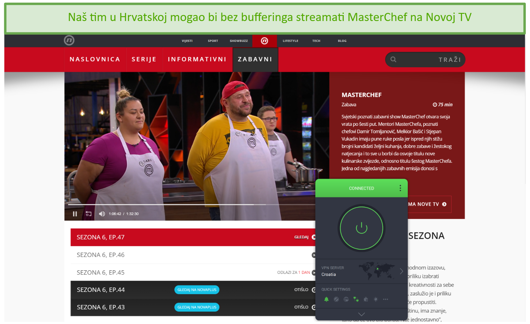 A screenshot showing MasterChef playing on Nova TV while connected to PIA's Croatia server