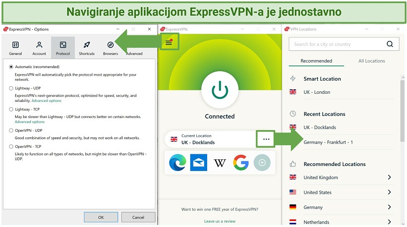 Screenshot of ExpressVPN Windows app showing the home screen, server list, and options page
