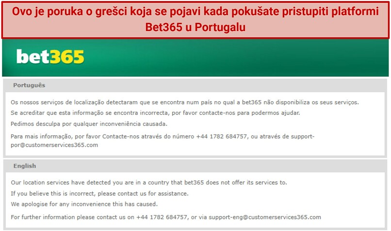 Snimka zaslona poruke o grešci bet365 vezane za lokaciju na portugalskom i engleskom