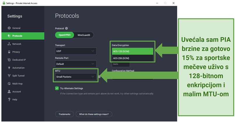 Screenshot of PIA's Protocols settings menu showing 128-bit encryption and small MTU selected