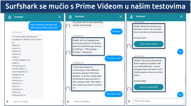 Screenshot of Surfshark's chat support giving troubleshooting tips on getting the VPN to work with Amazon Prime Video