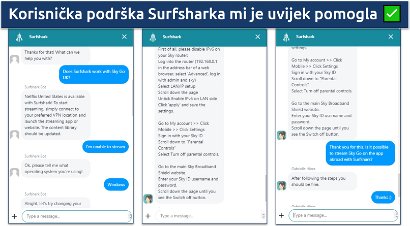 Screenshot showing conversation with Surfshark's customer support chatbot and agent