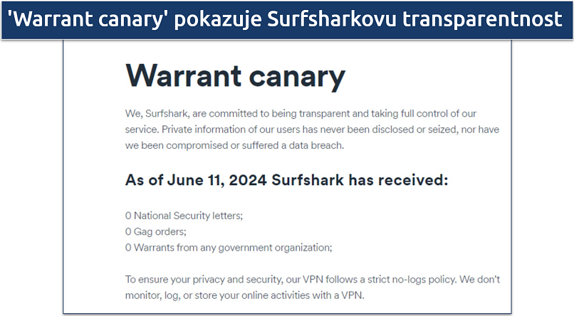 Screenshot of Surfshark's Warrant Canary showing no requests for user data