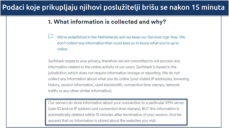 Screenshot of Surfshark's privacy policy highlighting their data collection