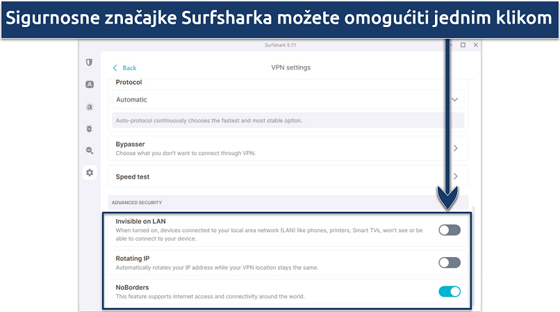 Screenshot of Surfshark's Windows app highlighting advanced security features