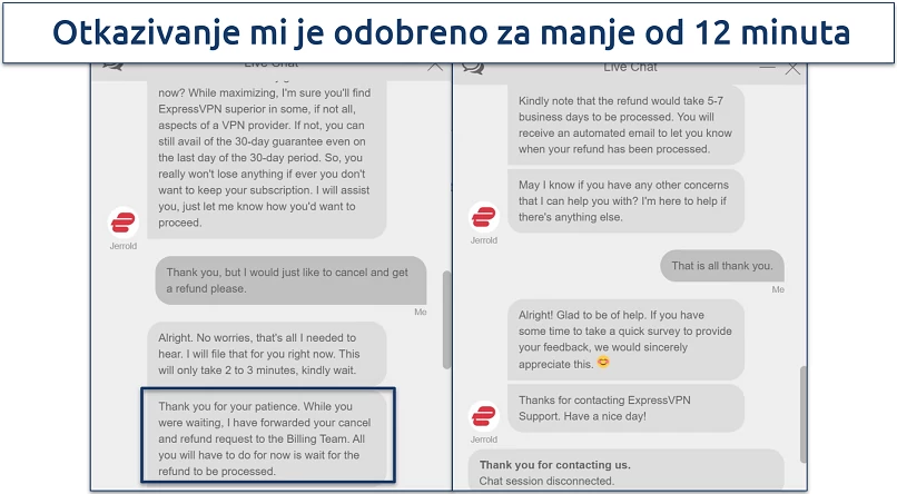Screenshot of a conversation with ExpressVPN customer support where they approved our cancellation and refund
