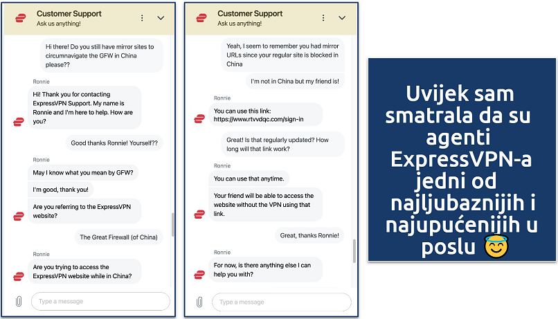 Screenshot showing a chat with the ExpressVPN customer service