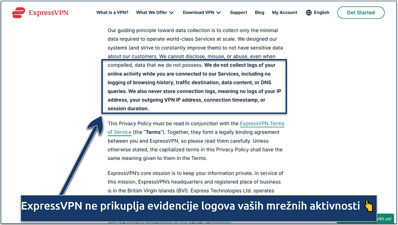 Screenshot showing the ExpressVPN privacy policy