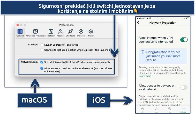 Screenshot showing how to activate the kill switch on ExpressVPN's desktop and mobile apps