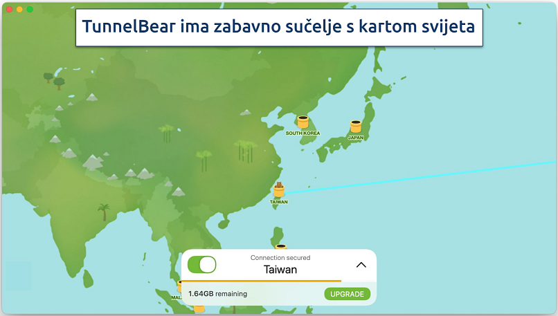 Screenshot showing the TunnelBear app connecting to a server in Taiwan