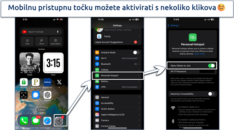 Screenshots showing how to activate a mobile hotspot on an iPhone