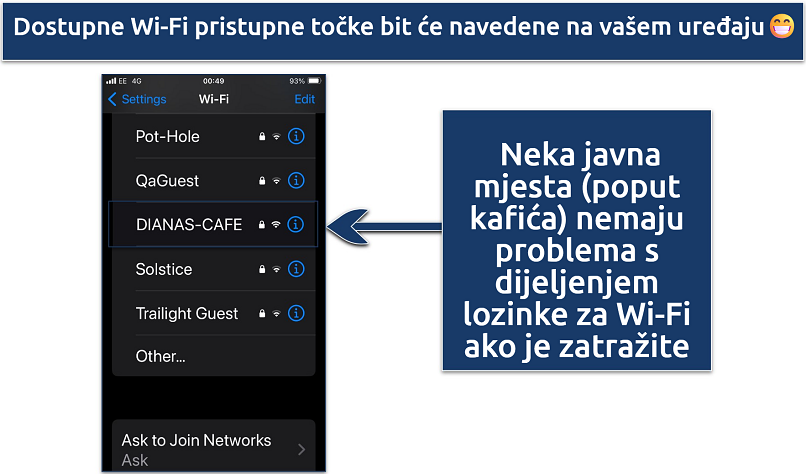 Screenshot showing the available WiFi hotspots on an iPhone