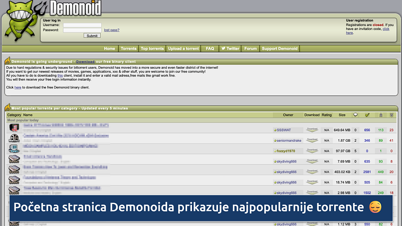 Screenshot of the Demonoid homepage