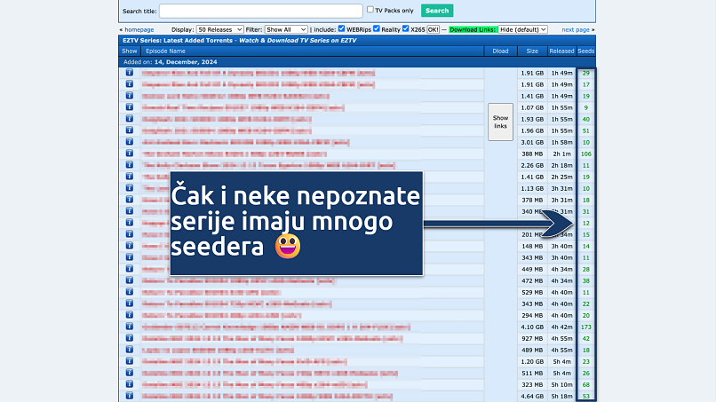 Screenshot of the eztv search results page
