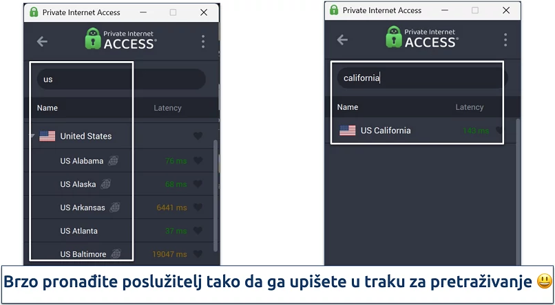 Screenshot of Private Internet Access' Windows app highlighting how to use the server search bar