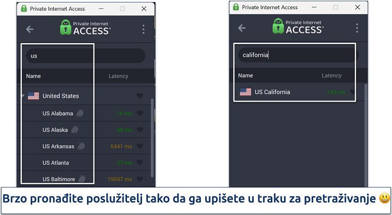Screenshot of Private Internet Access' Windows app highlighting how to use the server search bar